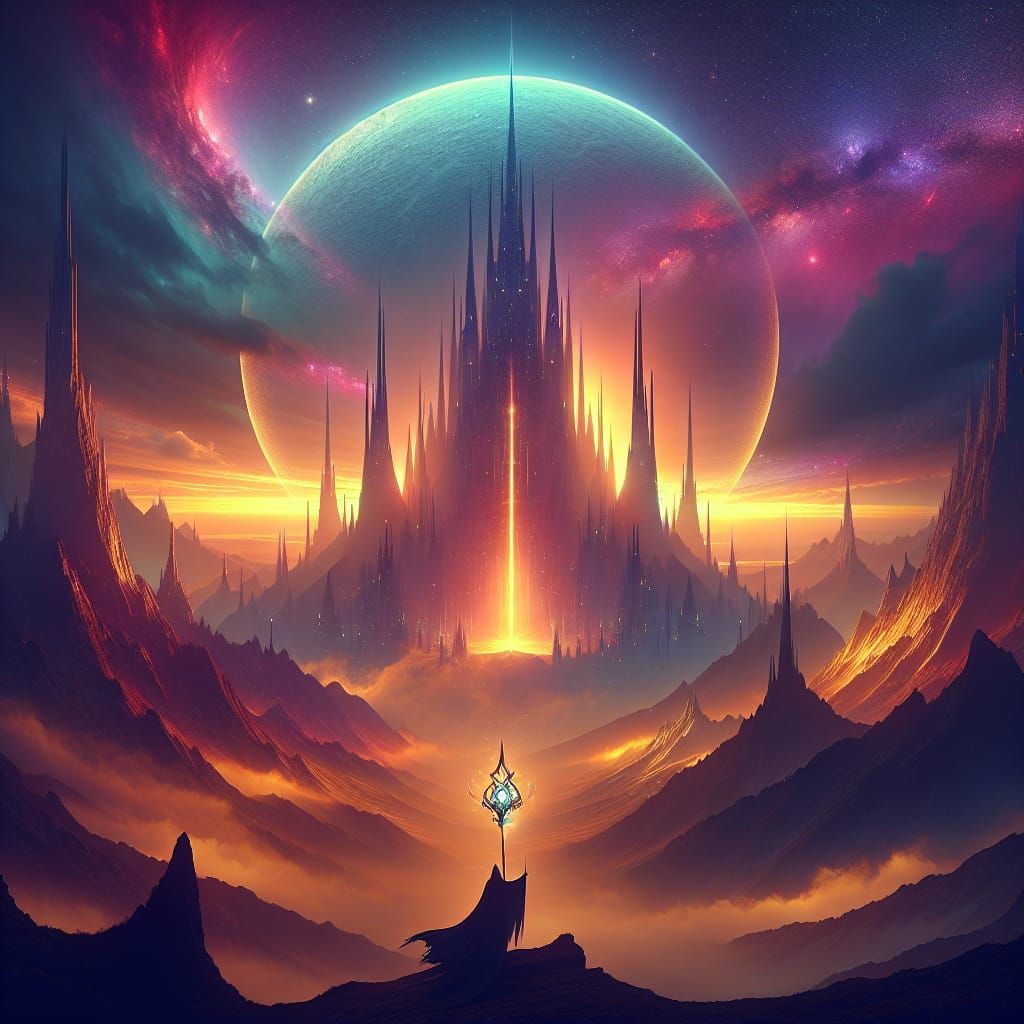 Mystical Fantasy Landscape with Towers and Moon