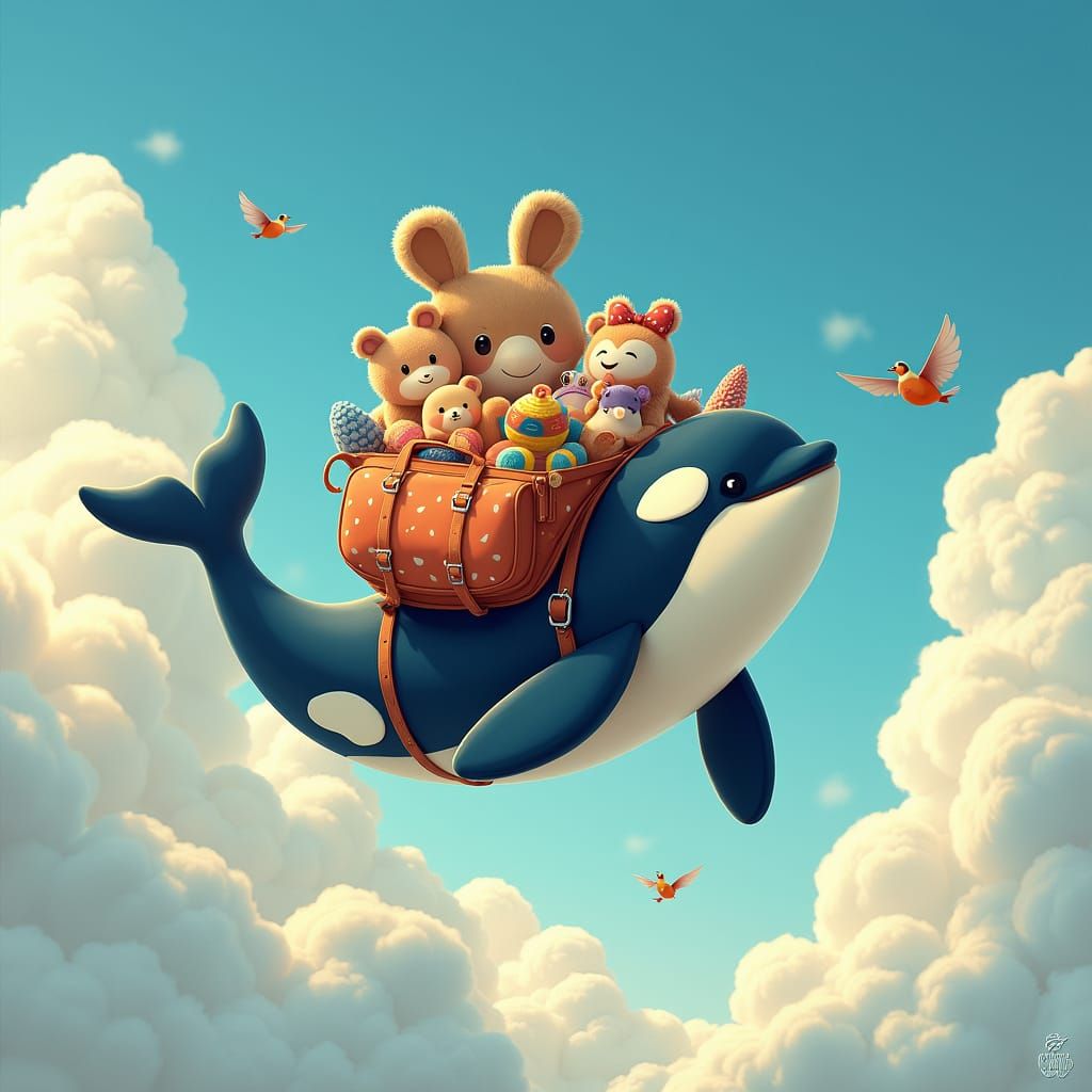 Whimsical Orca Soaring Through a Colorful Sky