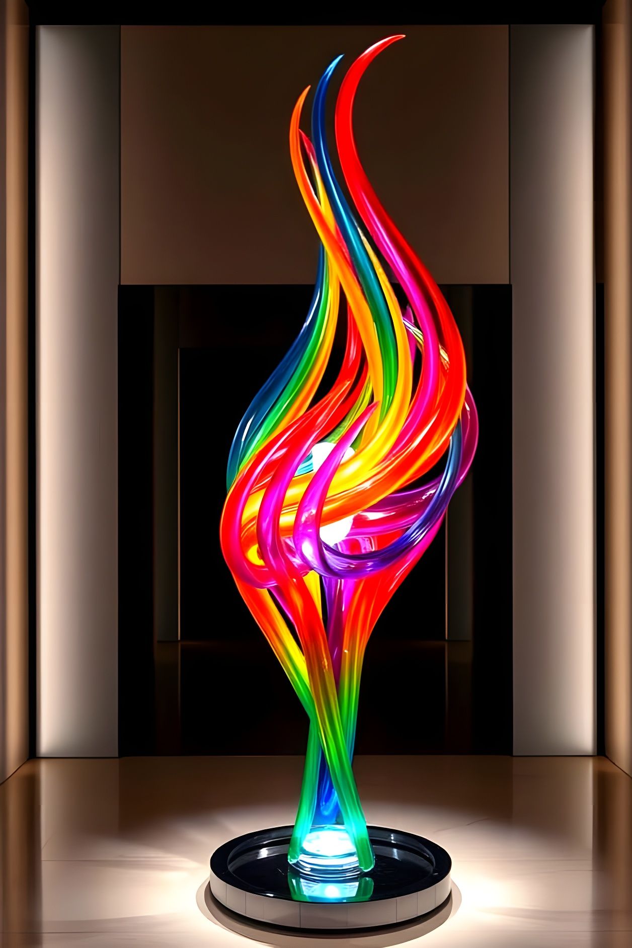 Vibrant Glass Flame Sculpture in Mirrored Gallery