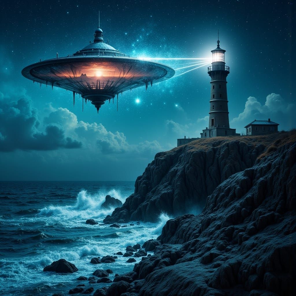 Lighthouse UFO Double Exposure in Abstract Style