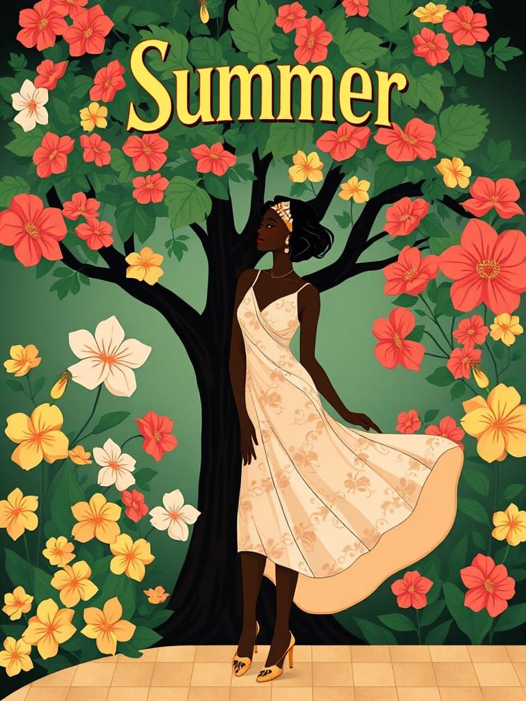 Art Deco Black Woman in Summer Flower Garden