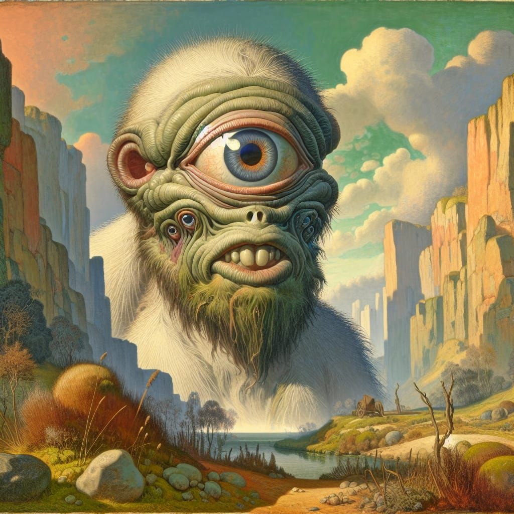 Hyperrealistic Cyclops in Eccentric Landscape Style