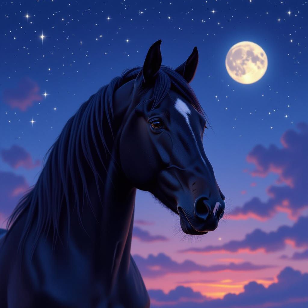 Majestic Black Horse Portrait Under a Magical Night Sky