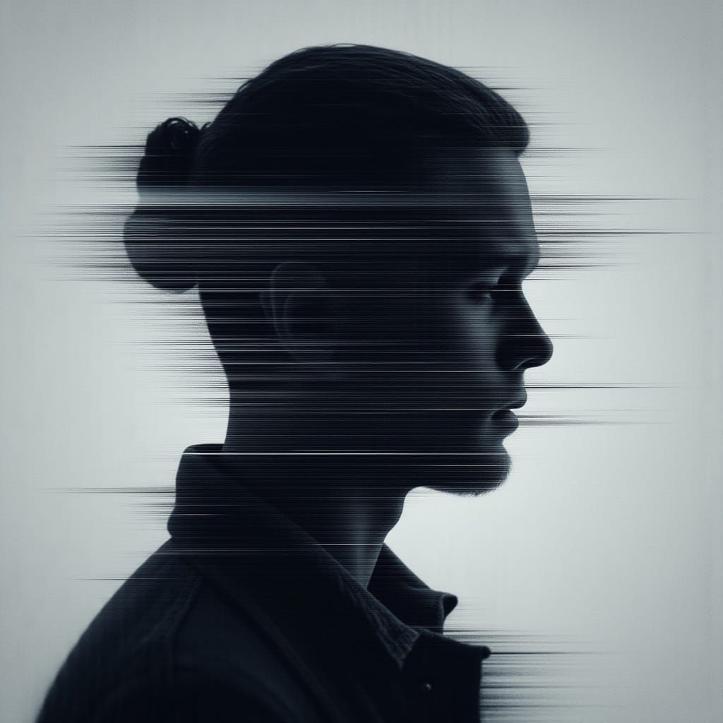 <lora:Morbid:1.0> glitch art with linear distortion, horizontal scan lines and digital interference, vertical portrait o...