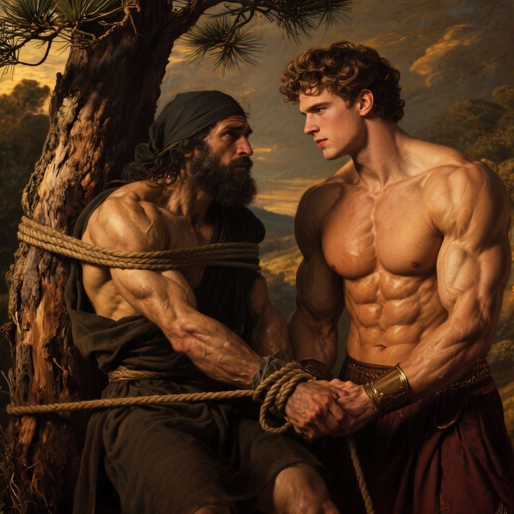 Heroic Theseus Ties Bandit Sinis to Pine Tree