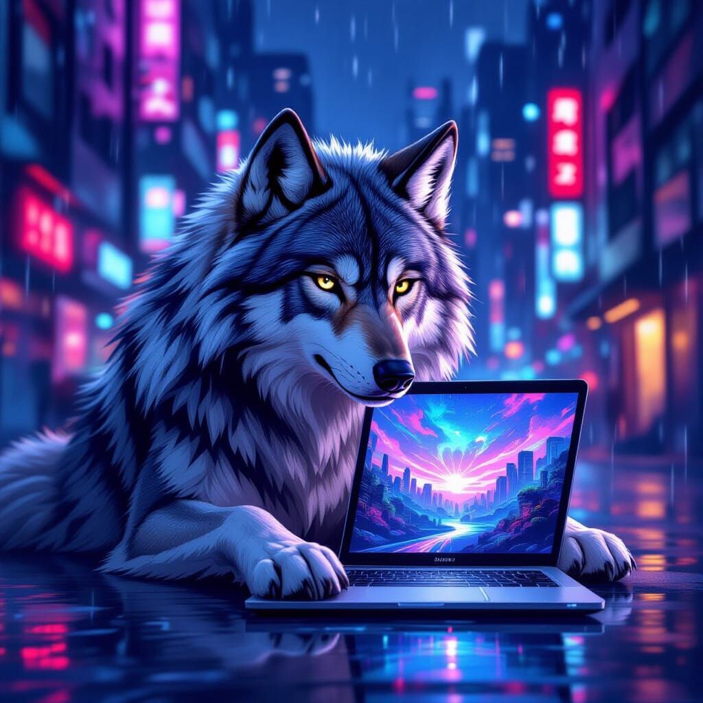 Wolf Protects Laptop with Anime in Cyberpunk City