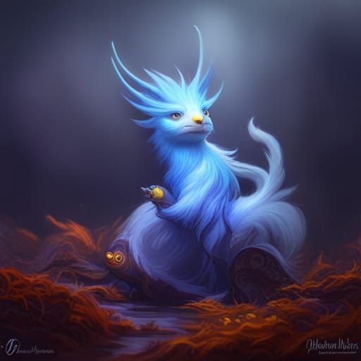 Fluffy Blue Creature in Fog, Dark Fantasy Art