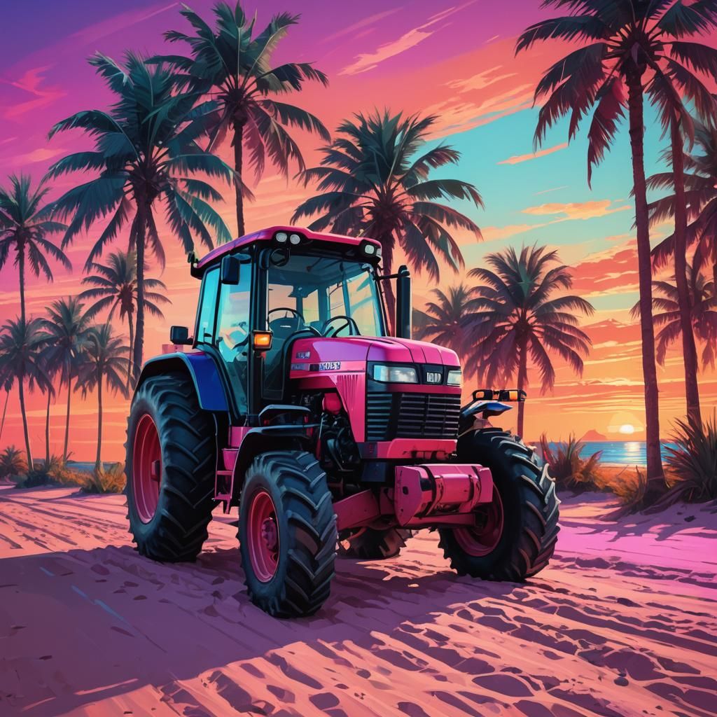 Case IH Tractor on Sunny Beach in Synthwave Style