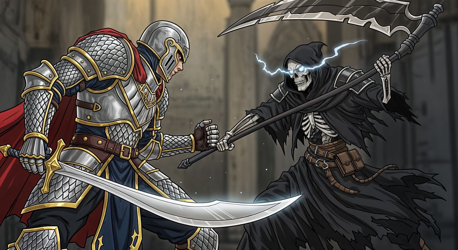 Paladin vs Skeletal Warrior in Anime Style