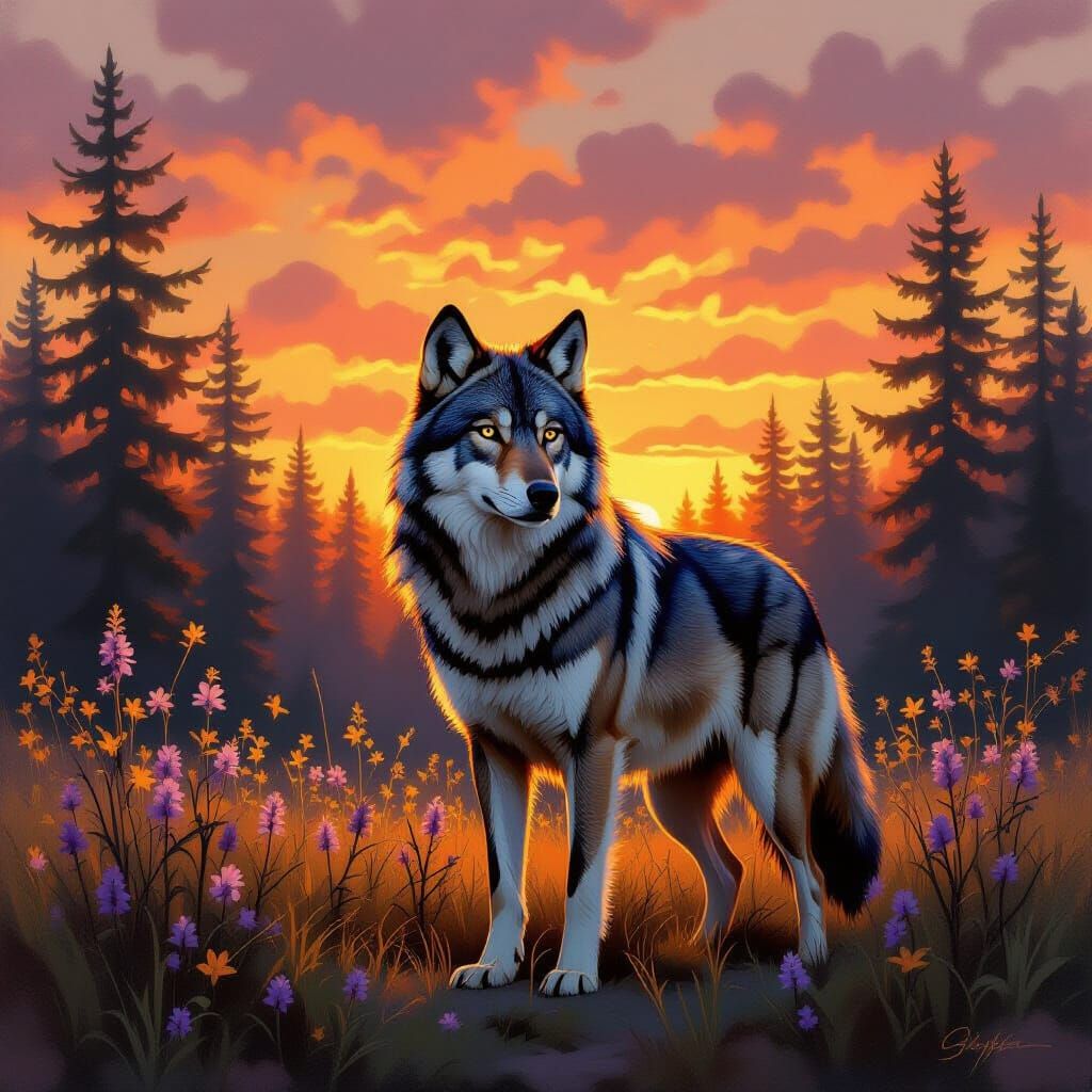 Majestic Wolf in Sunset Forest Clearing Oil Painting