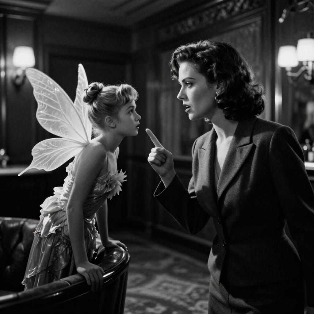 Film Noir Glamour: Woman and Fairy Argue in Art Deco Lobby