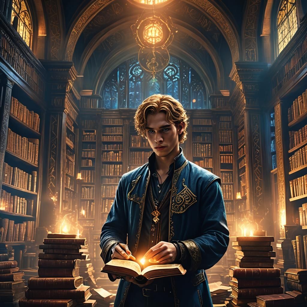 Mystical Library: Fantasy Art with Glowing Runes