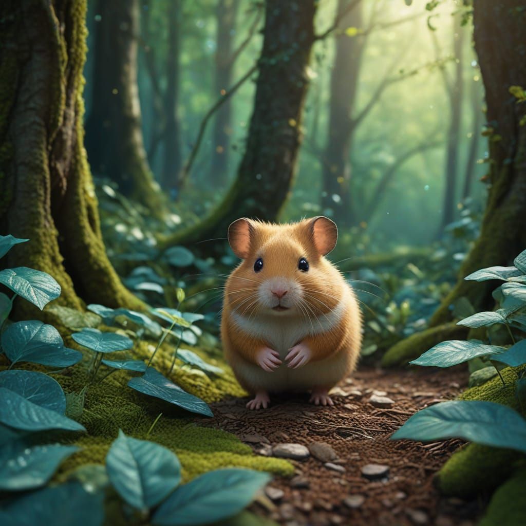 Whimsical Fantasy Hamster in Emerald Forest