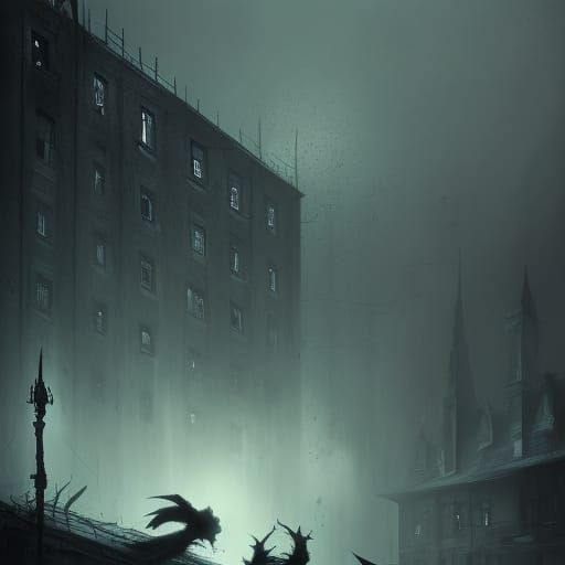 Creepy Black and White Motel with Bats