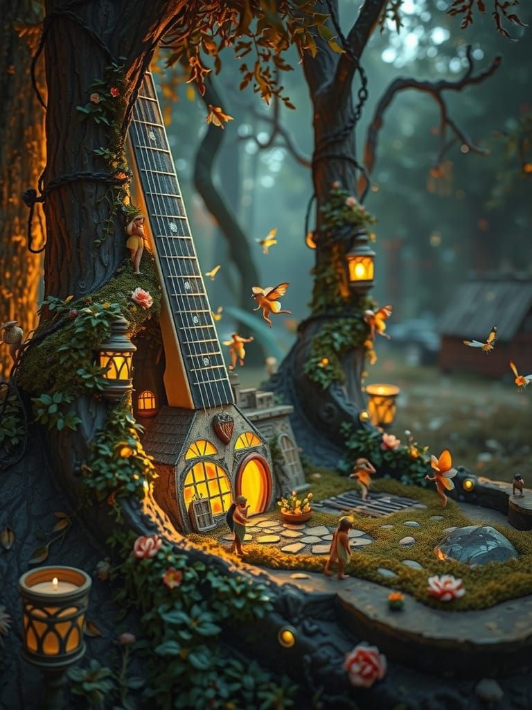 Intricate tiny faerie village diorama inside a giant glowing guitar, nestled in a lush, vibrant forest, with faeries fli...