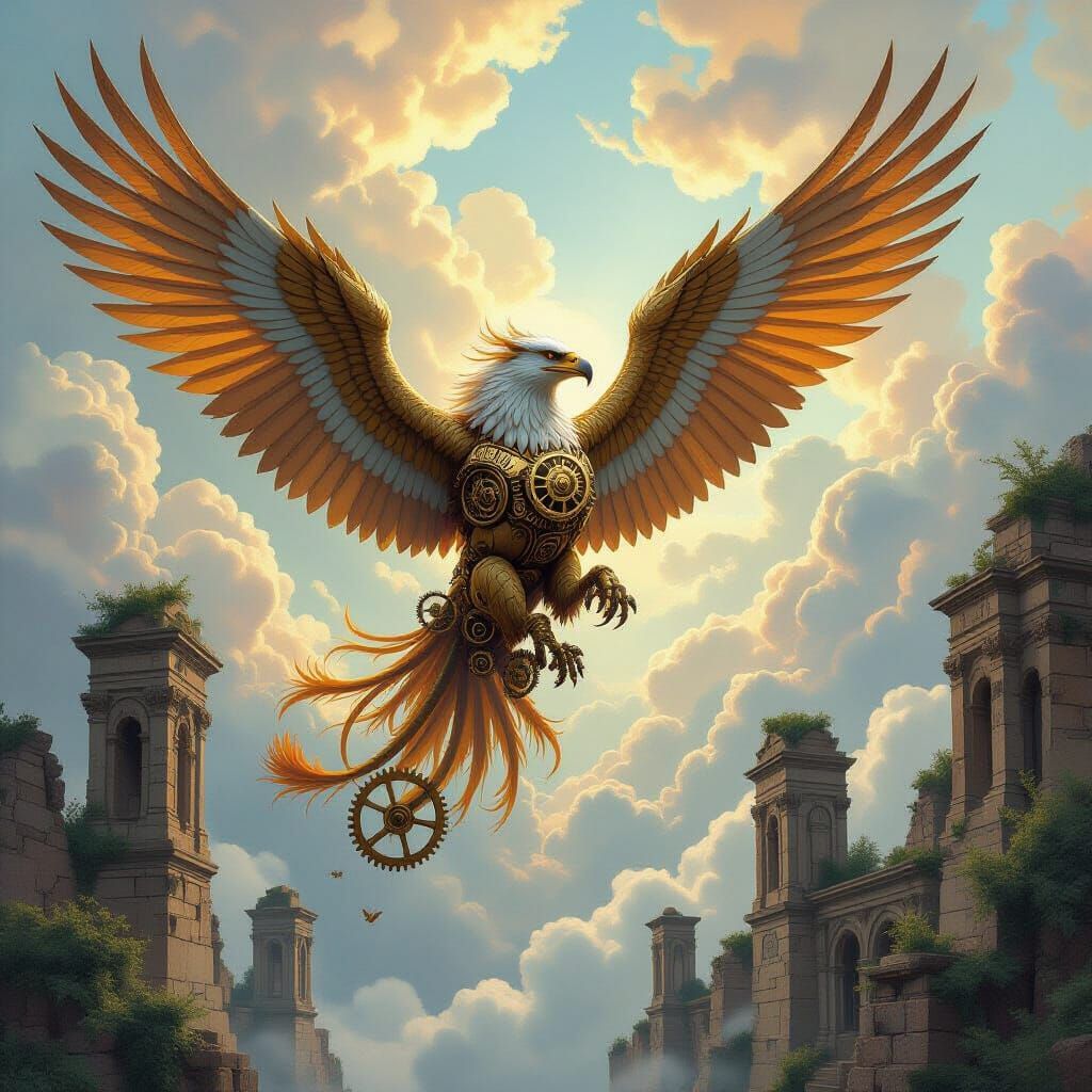 Steampunk Gryphon Soars Through Luminescent Clouds