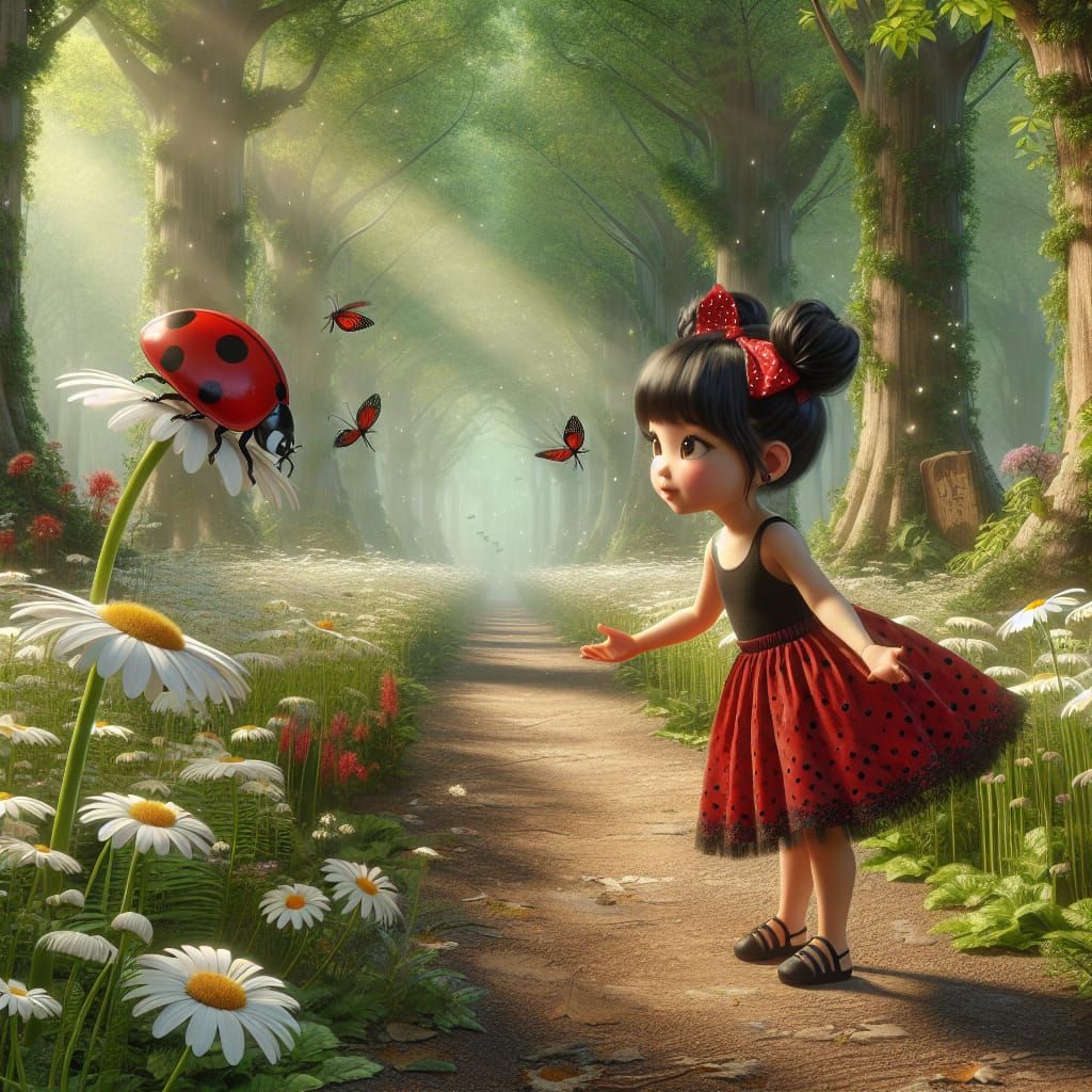 Whimsical Ladybug Scene in Enchanted Forest