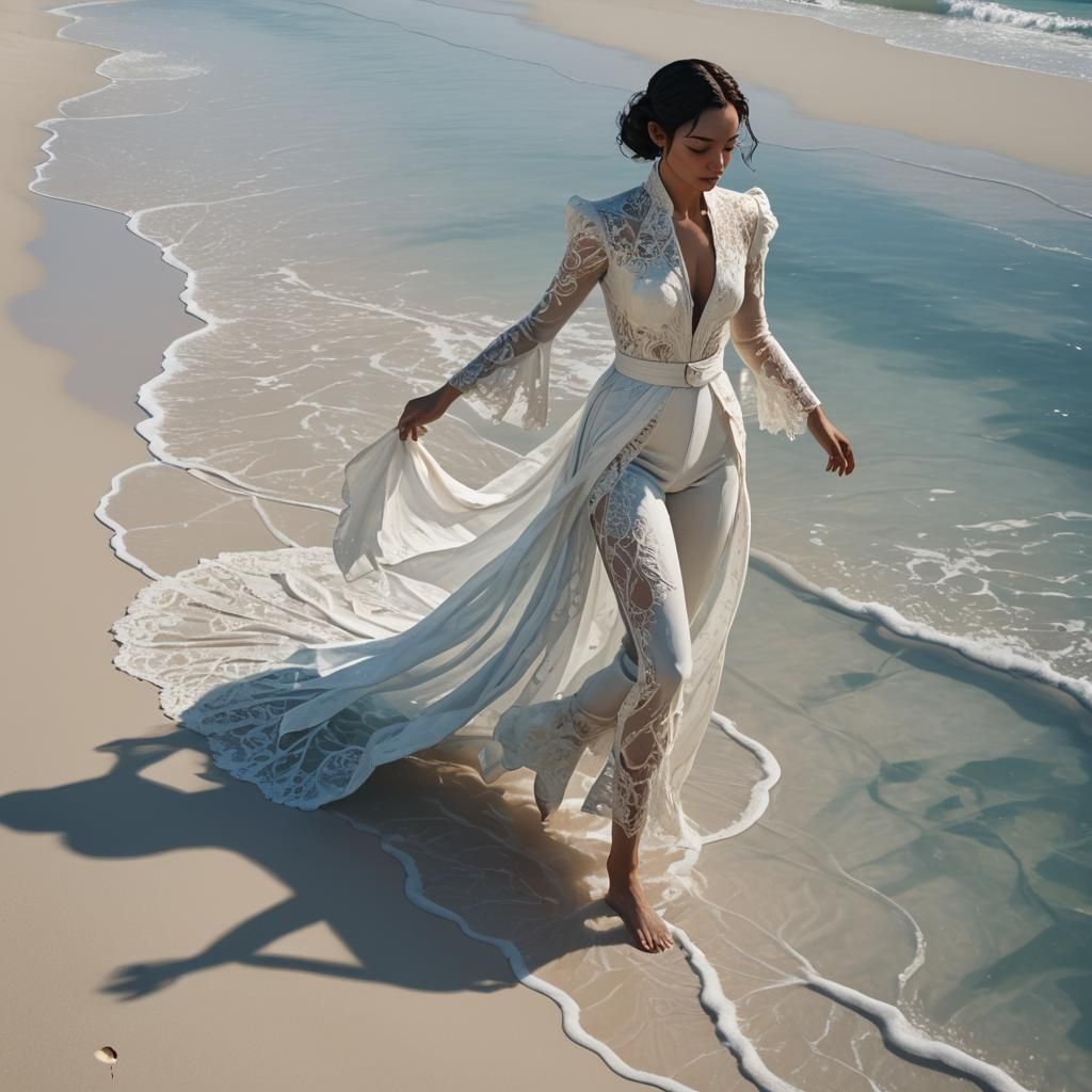 Woman in White Lace Suit on Tranquil Shore