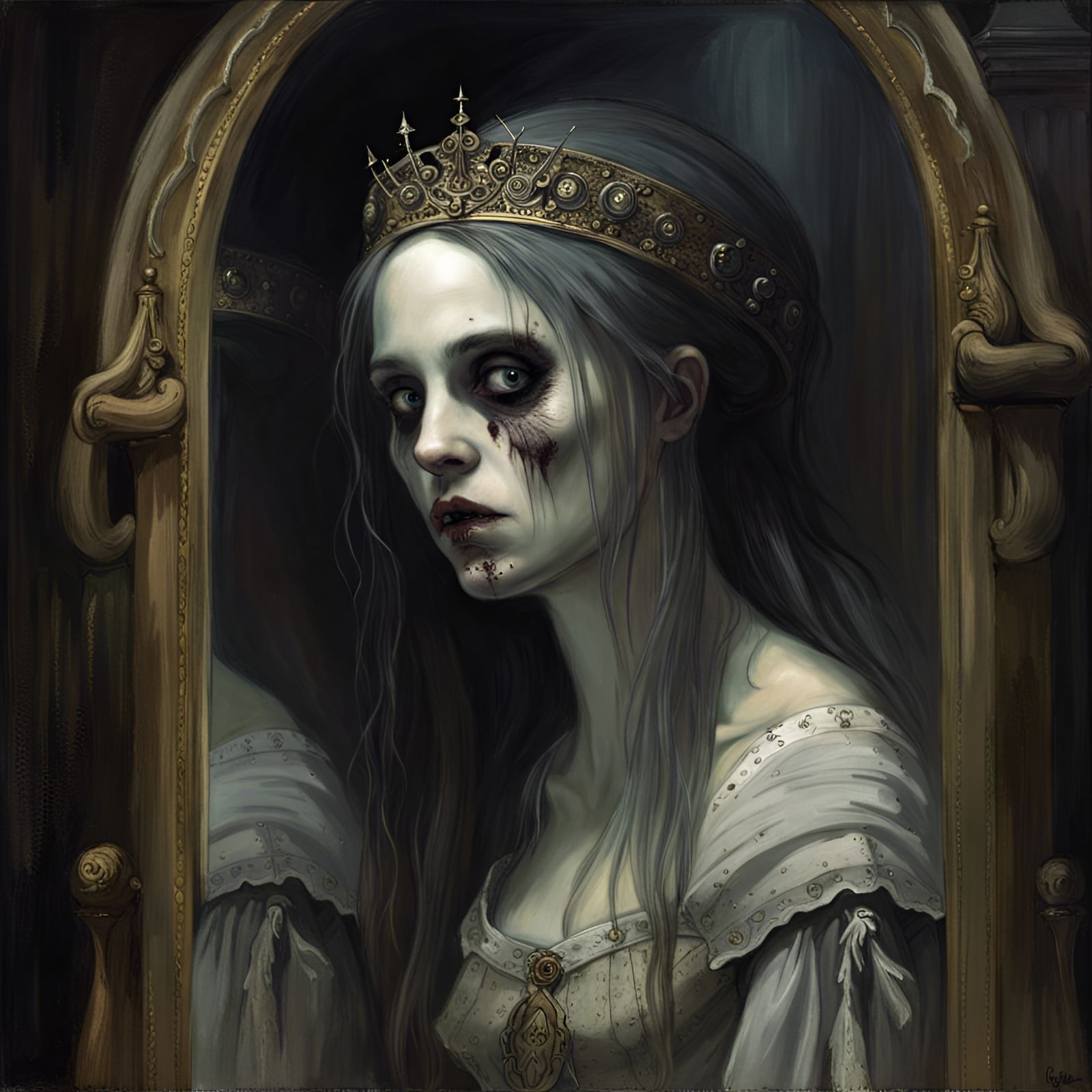Medieval Princess Mirror Horror in Gustave Doré Style