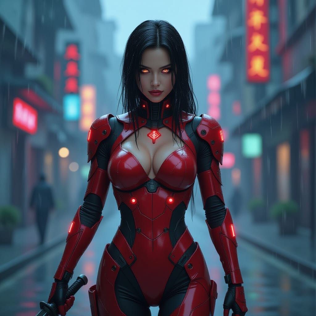 Android Warrior with Glowing Tattoos in Art Nouveau Style