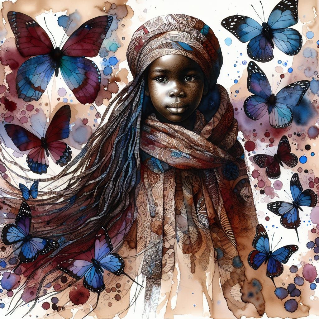 Watercolor Painting: Black Girl with Butterflies