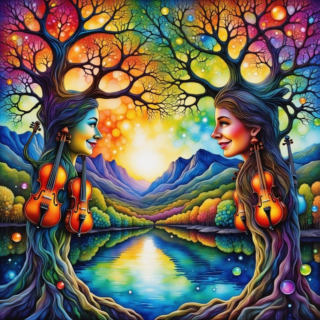 Vibrant Tree Trunks with Smiling Faces in a Gouache Style