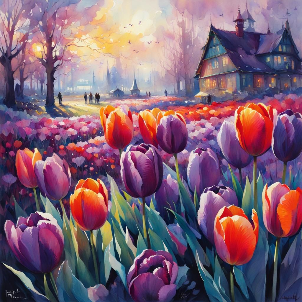 Purple Tulips in Detailed Watercolour Fantasy