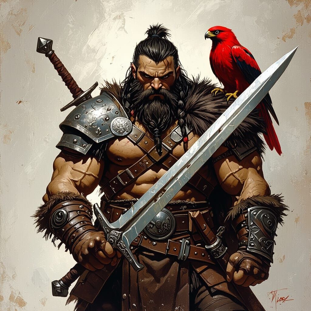Barbarian Warrior with Eagle in Comic Book Art Style