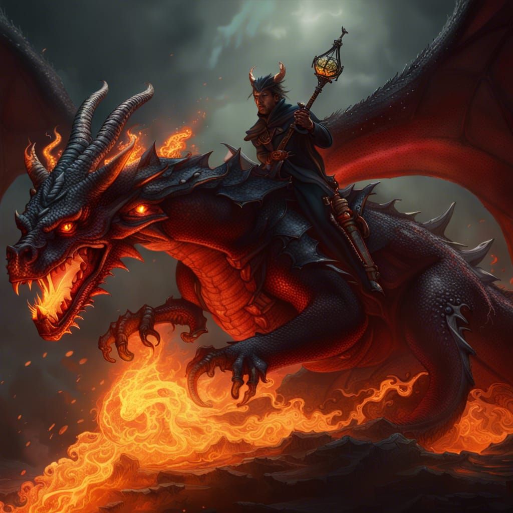 Devil Riding a Dragon in Dark Fantasy Style