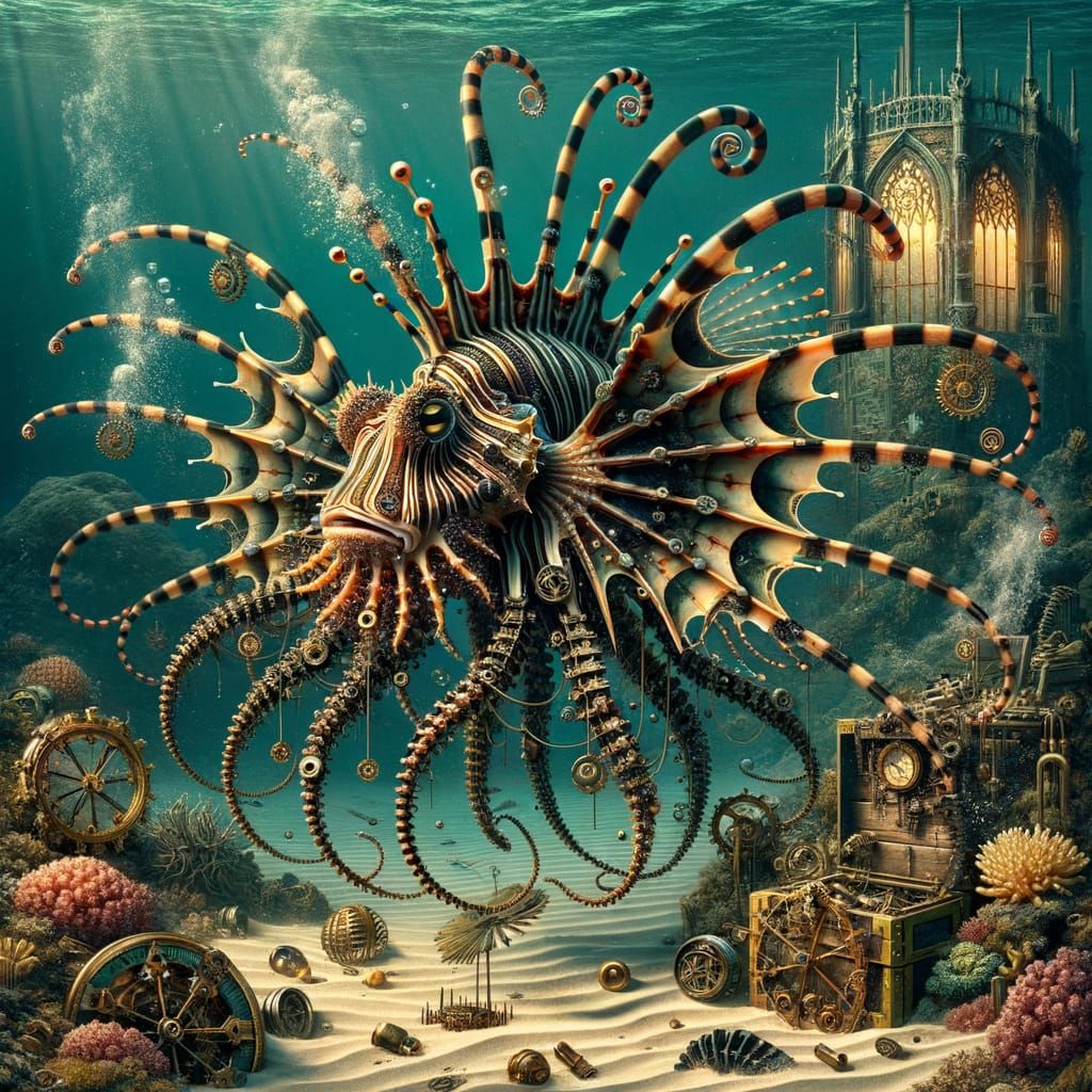 Mimic Octopus Transforms into Clockwork Lionfish Near Gothic...