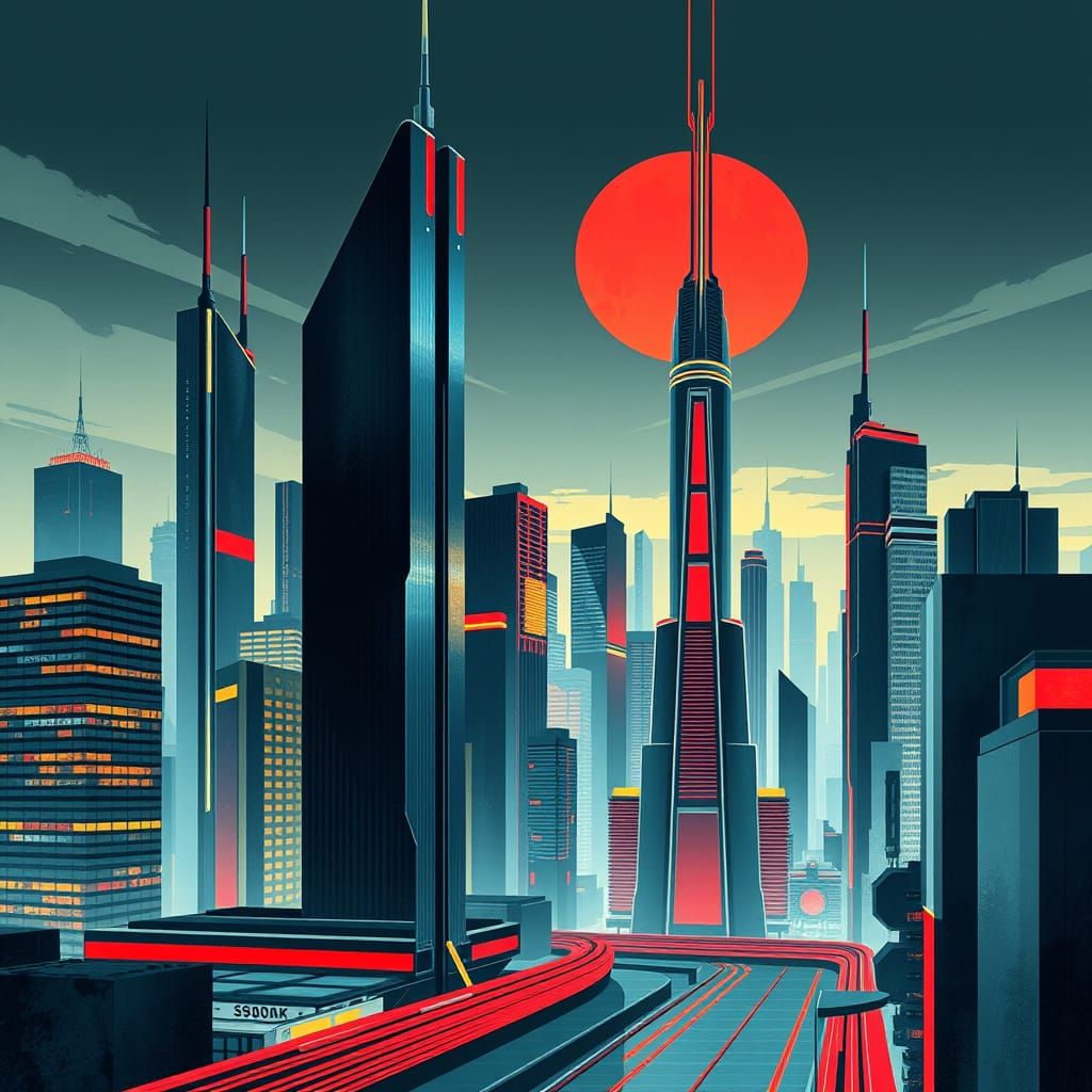 Futuristic Bauhaus Cityscape with Neon Lights