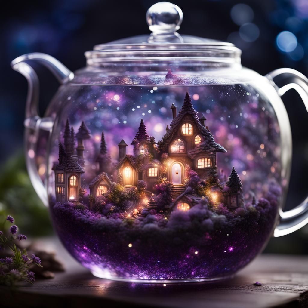 Fairy Village in Crystal Teapot with Galaxy Sky