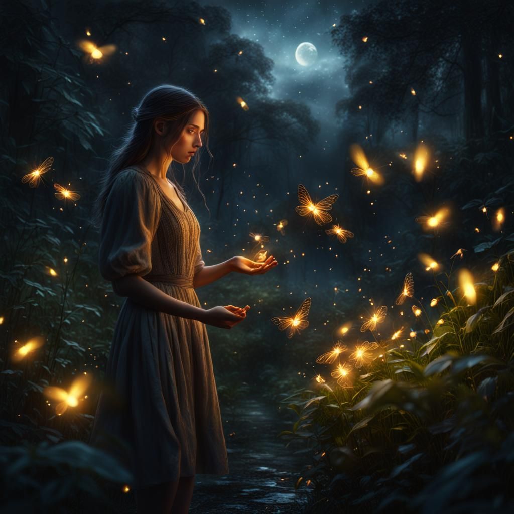 Young Girl Captures Fireflies in Dramatic Digital Painting