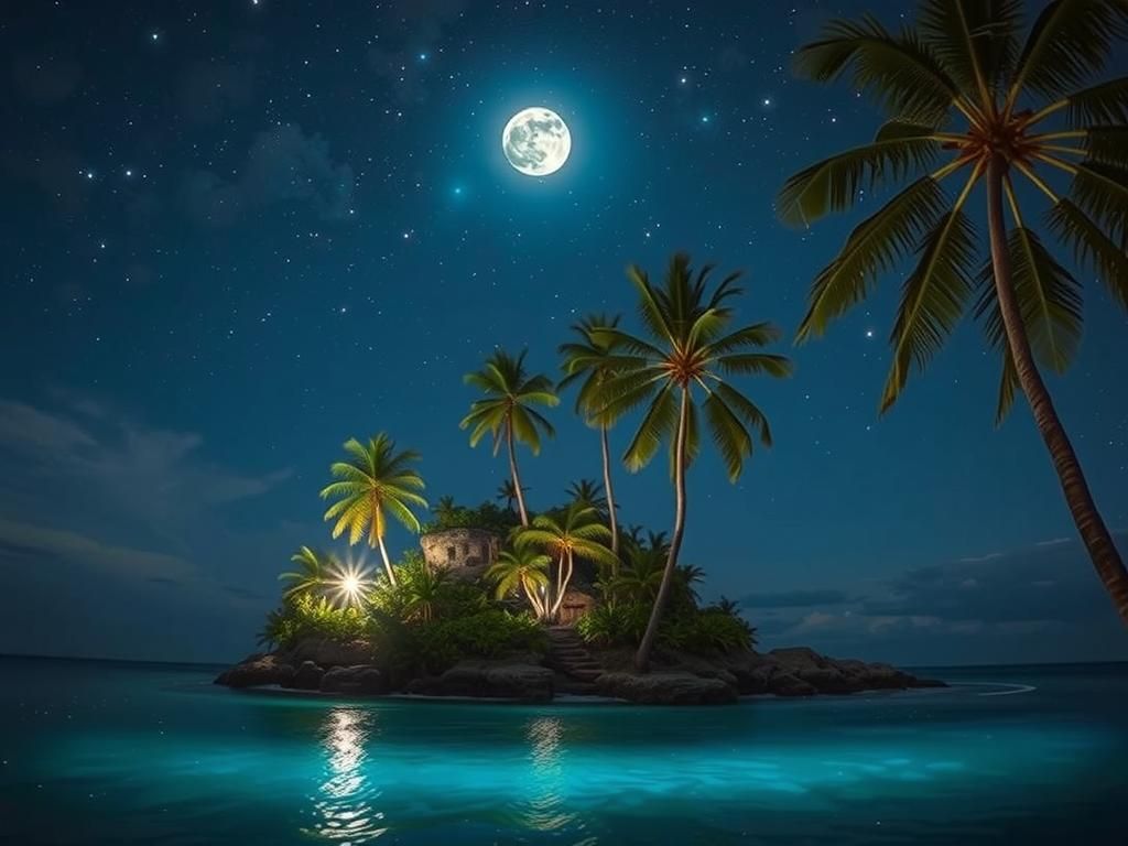 Bioluminescent Island Under Moonlight: Surreal Mystical Scen...