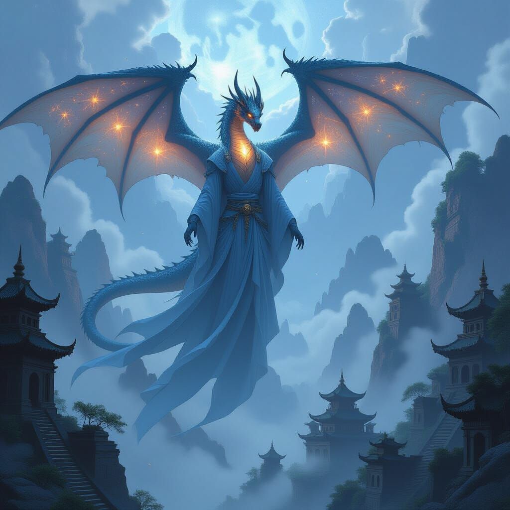 Starlight Dragon Soaring Above Ancient Mountains