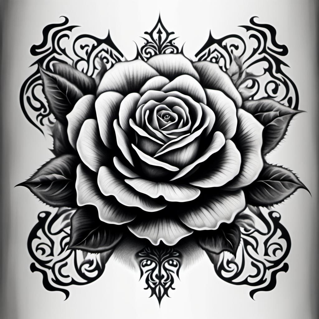 Black and white ink tattoo drawing of a beautiful gothic ros...
