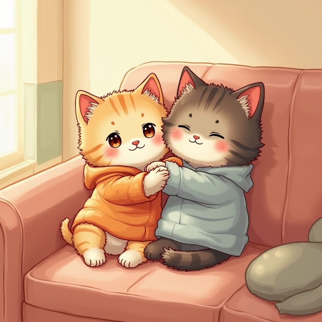 Kittens Snuggling on Couch in Manga Style