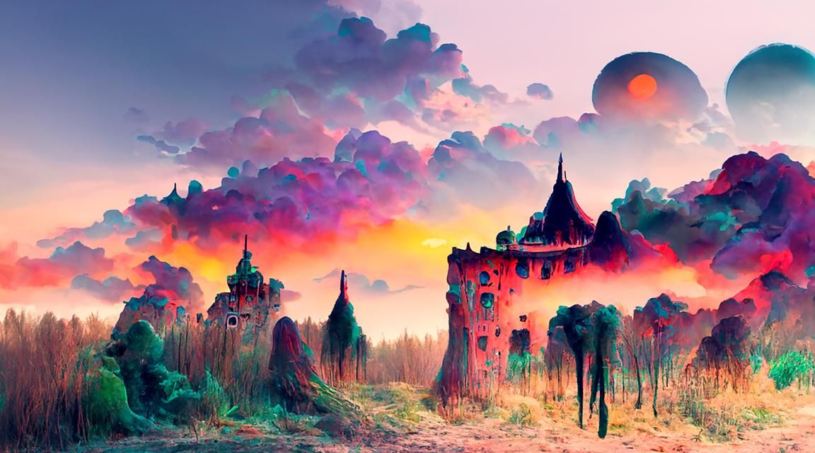 Green Forest Castle: Surreal Sci-Fi Landscape