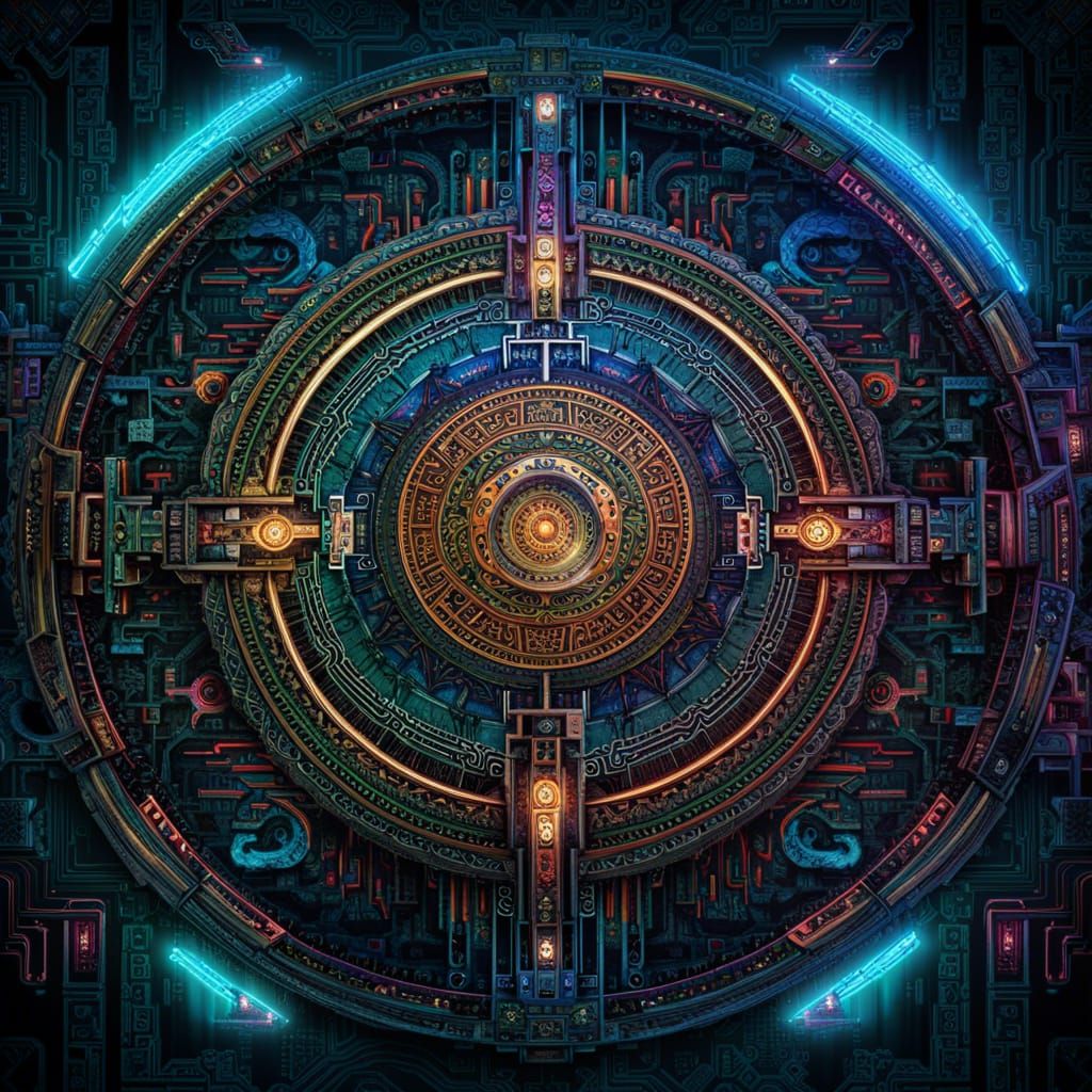 Cyberpunk Mandala with Circuit Board and Mystical Symbols