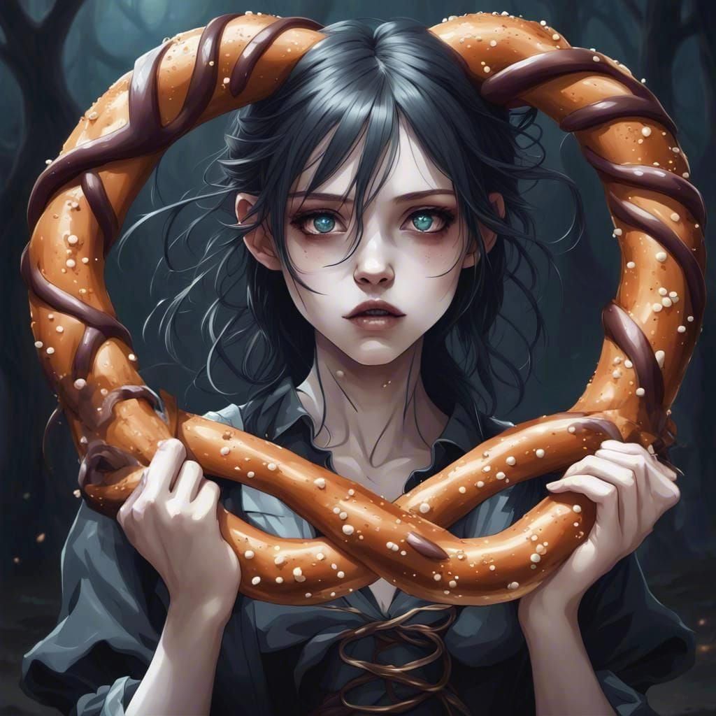 Dark Fantasy Pretzel Girl in Anime Style