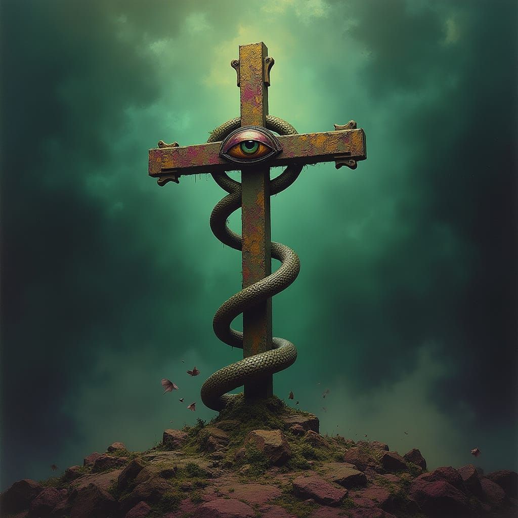 Mystical Cross With Eye and Viper, Giger Aesthetic