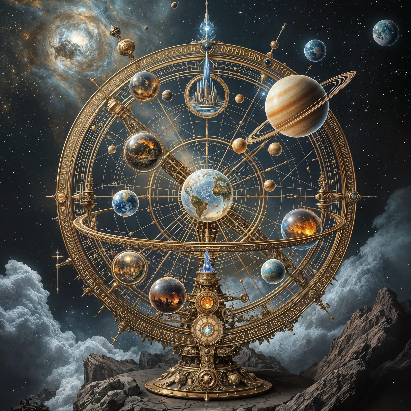 Steampunk Orrery with Miniature Fantastical Realms