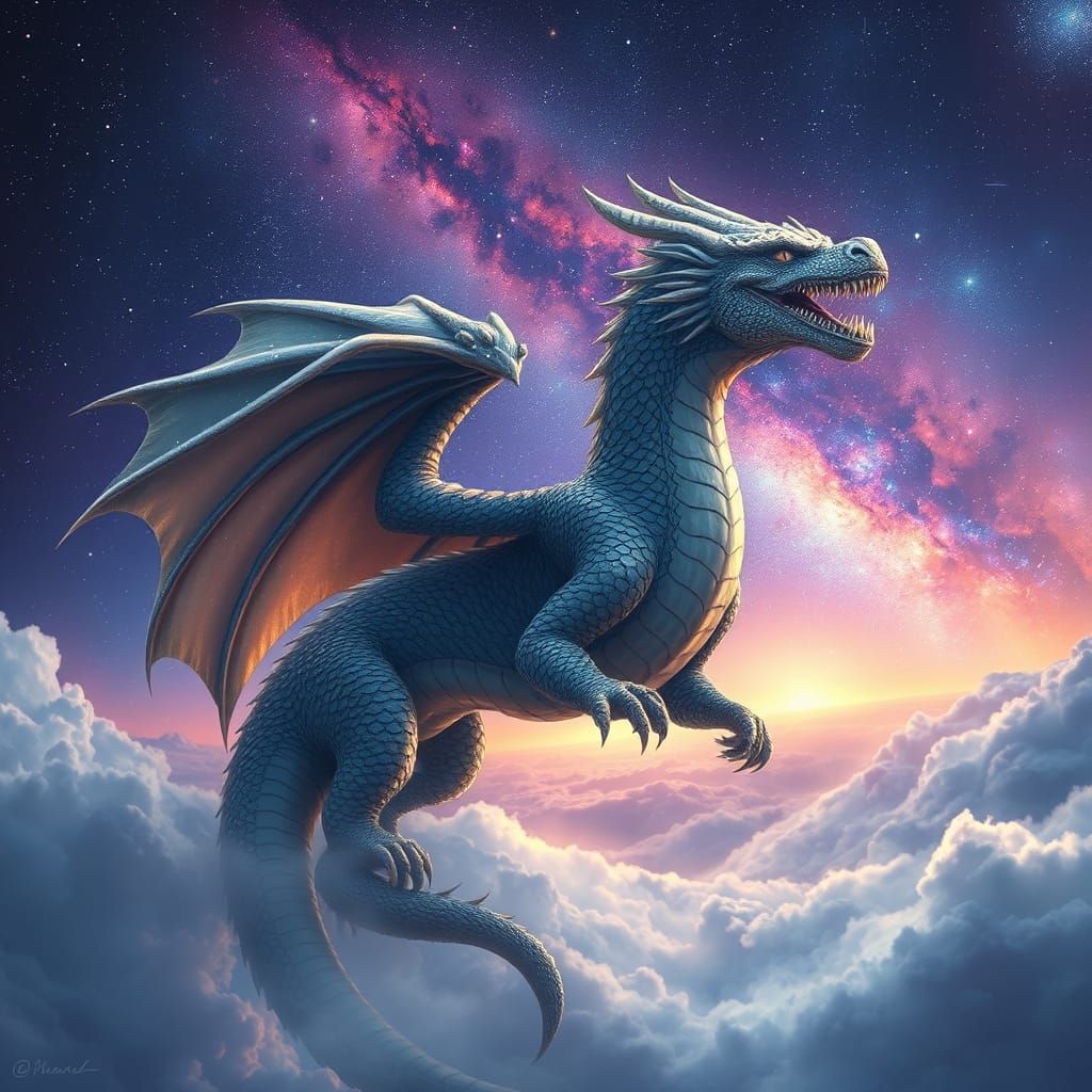 Dragon Amidst Celestial Wonders in Vibrant Cosmic Realism