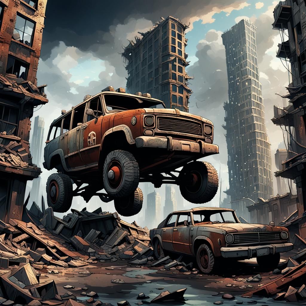 Post-Apocalyptic Vehicle in Ruined Metropolis
