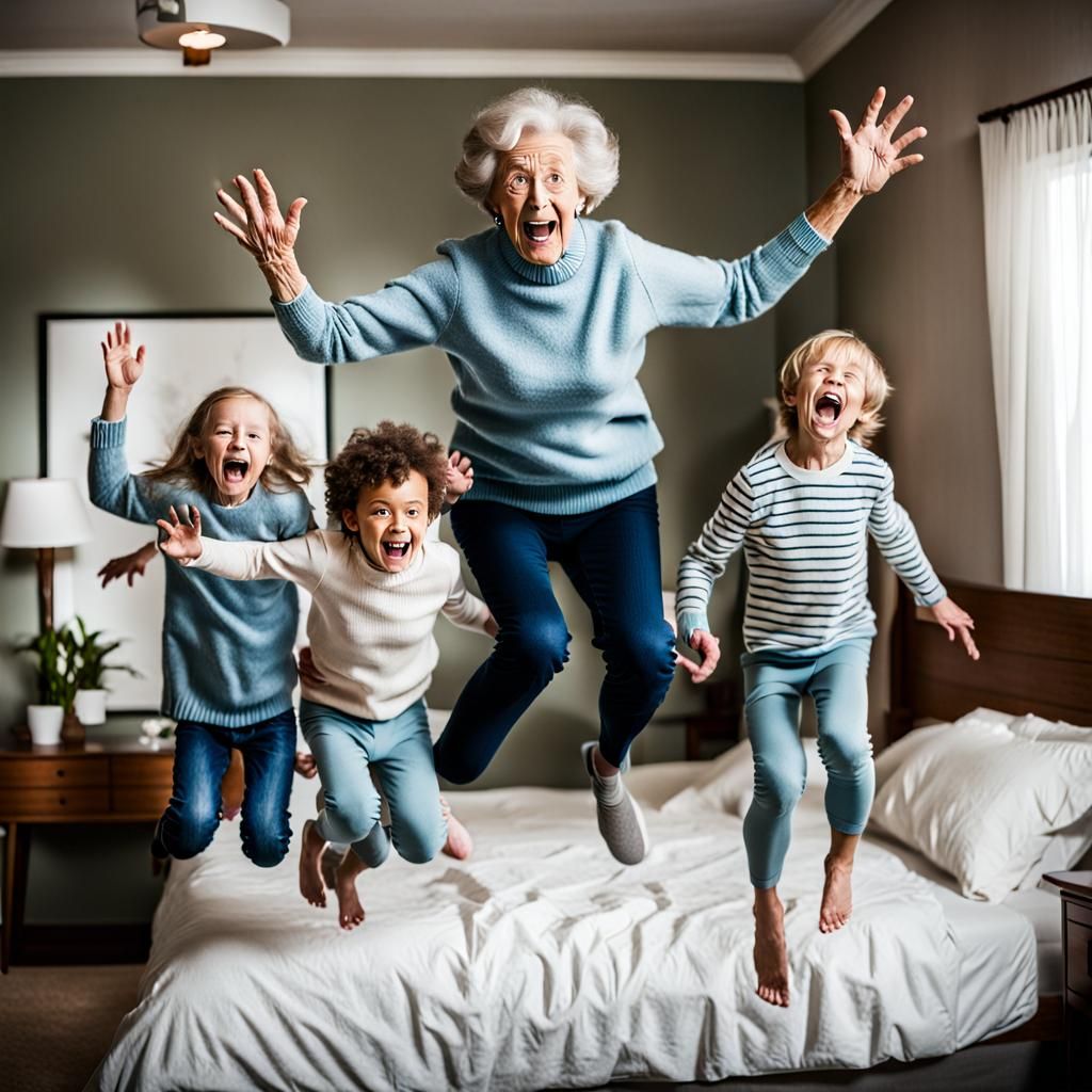Grandma's Playful Bedtime Bounce with Grandchildren