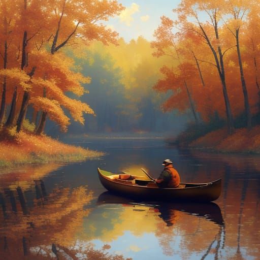 Golden Autumn Landscape with Man in Rowboat