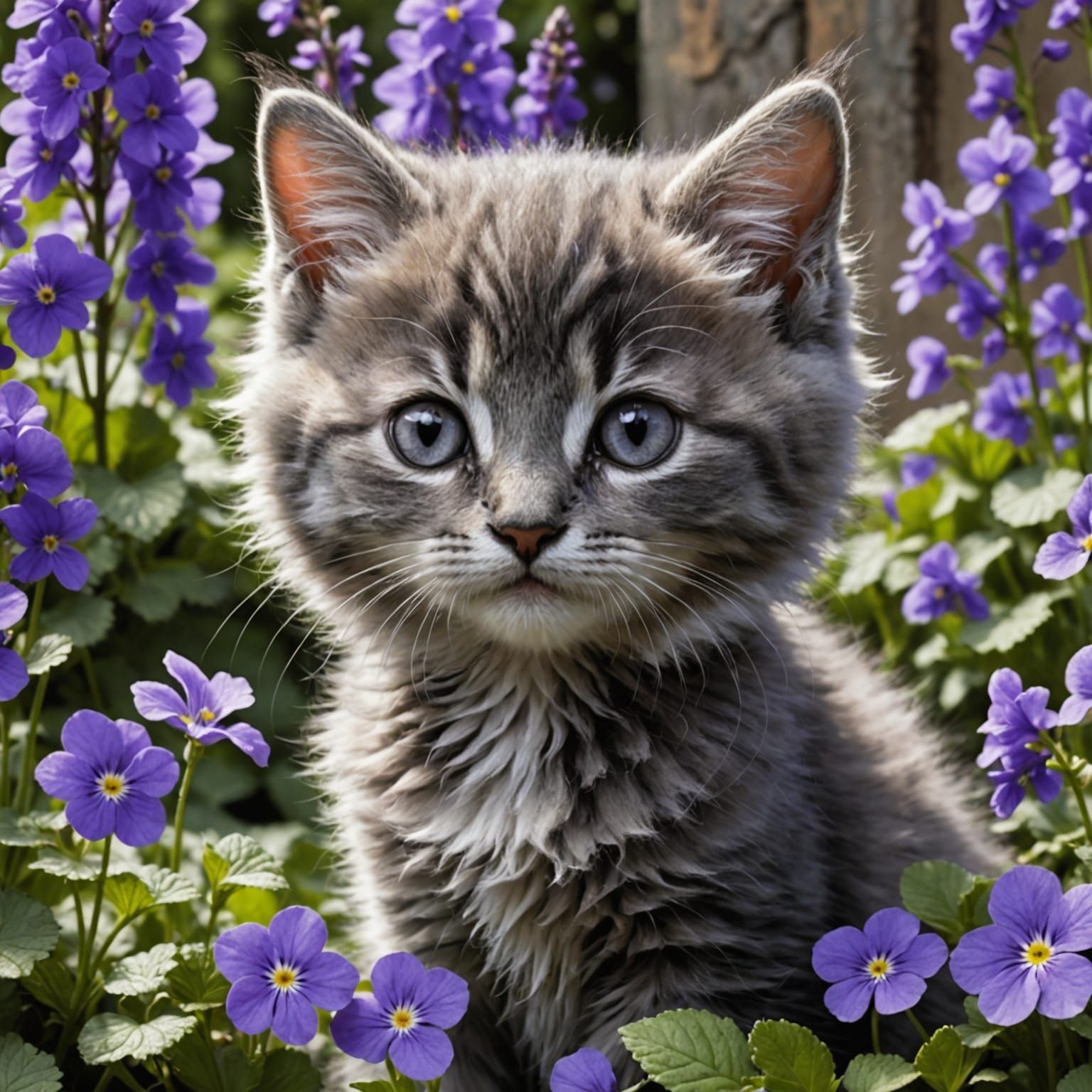 Ethereal Gray Kitten Amidst Vibrant Violets in a Whimsical G...