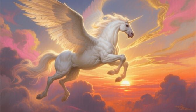 Majestic Pegasus Soaring Through Vibrant Sunset Sky