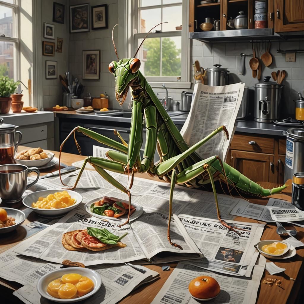 Praying Mantis Breakfast in Dim New York Kitchen