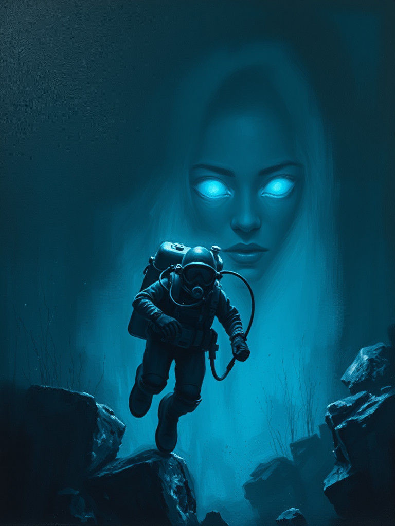 Deep Sea Diver Encounters Giant: Oil Painting